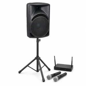 PA system hire Brisbane with speaker stand and two wireless microphones