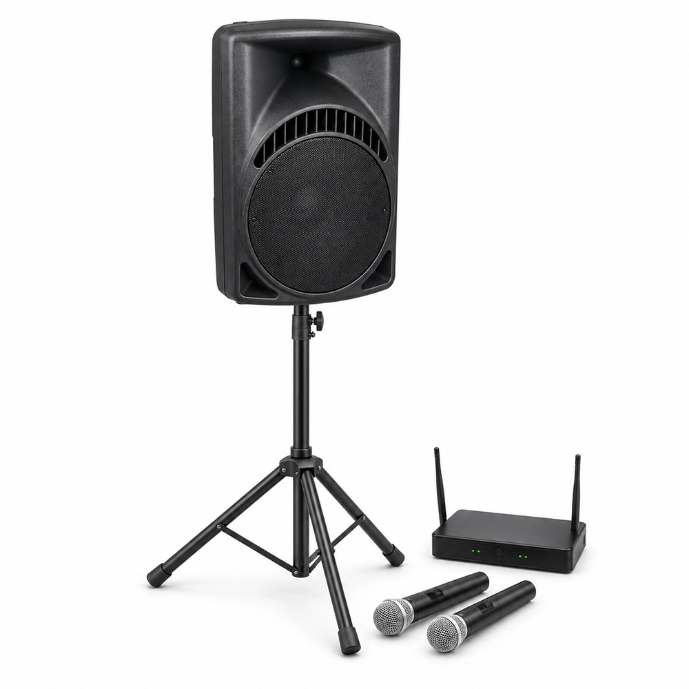 PA system hire Brisbane with speaker stand and wireless microphone
